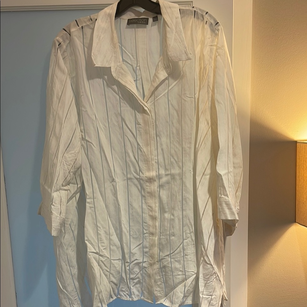 Sheer Stripe Button Front Pointed Hem Blouse